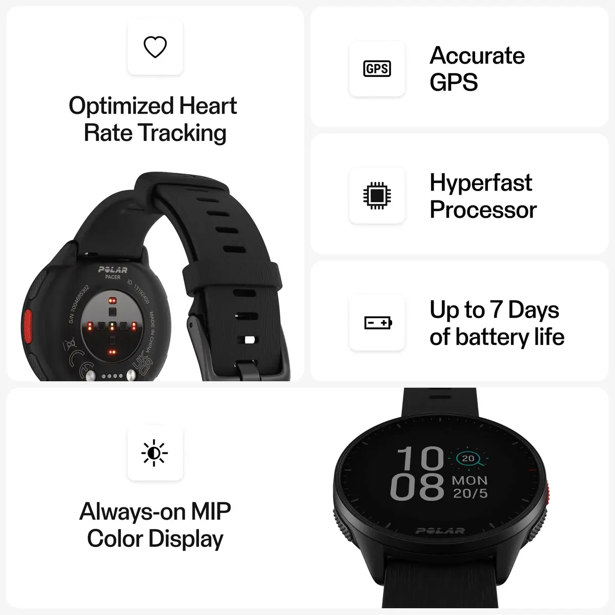 POLAR Pacer GPS Smartwatch for Runners | Ultra-Light, Heart Rate & GPS Tracking, Black, S-L - view 7