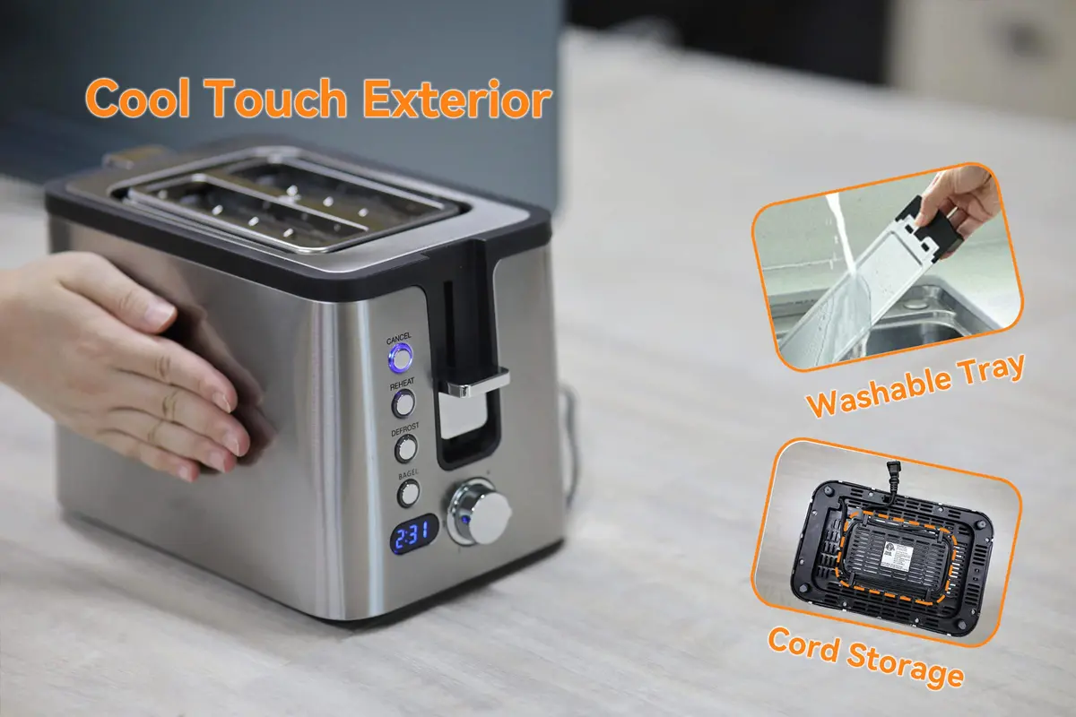 Mecity Toaster 2 Slice Stainless Steel Body | 6 Browning Settings, Timer, Bagel & Defrost Functions - view 5
