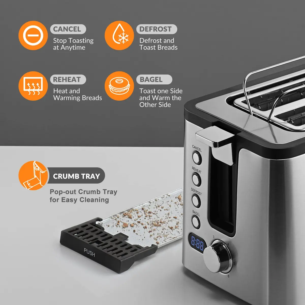 Mecity Toaster 2 Slice Stainless Steel Body | 6 Browning Settings, Timer, Bagel & Defrost Functions - view 2