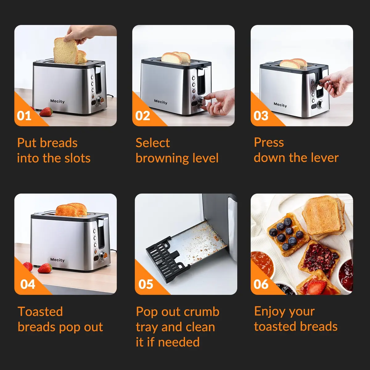 Mecity Toaster 2 Slice Stainless Steel Body | 6 Browning Settings, Timer, Bagel & Defrost Functions - view 4