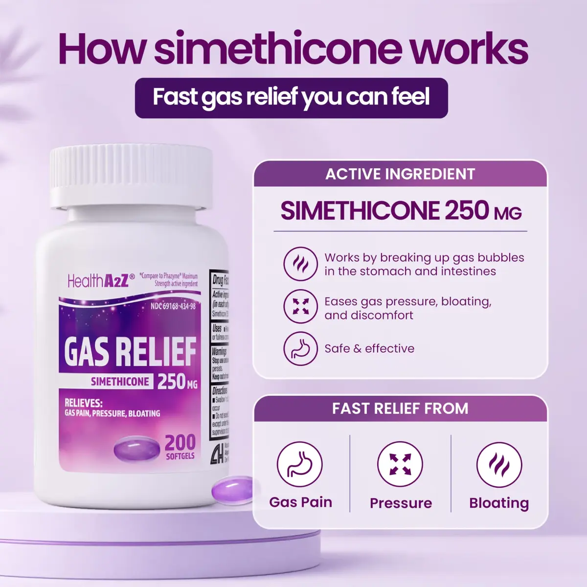 HealthA2Z Gas Relief Simethicone 250mg Softgels 200 Count | Fast Acting Antigas Medication - view 5