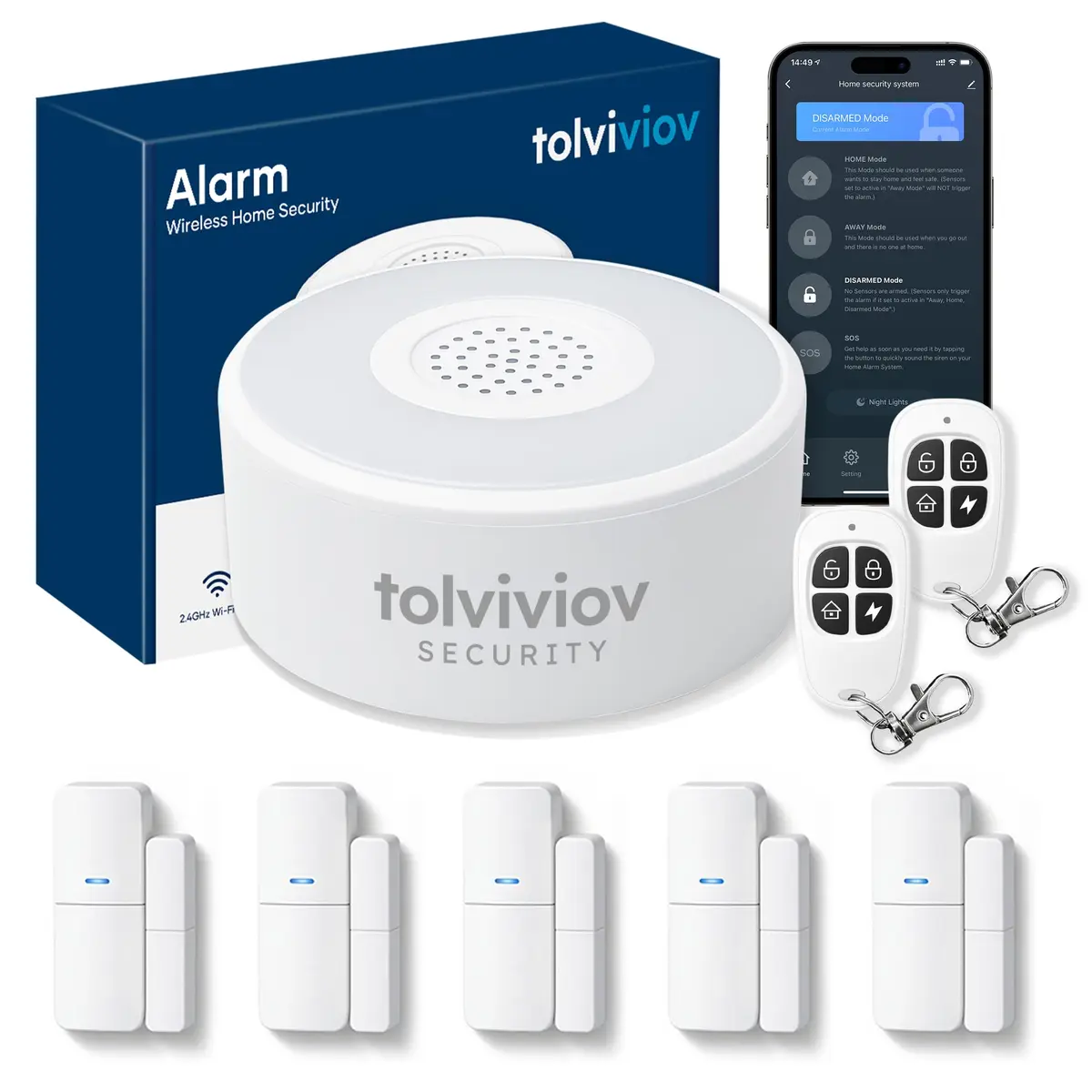tolviviov Wireless Home Security System 8-Piece Kit | Smart Alarm Hub with 120dB Siren, 5 Door Sensors, 2 Remotes - main product image