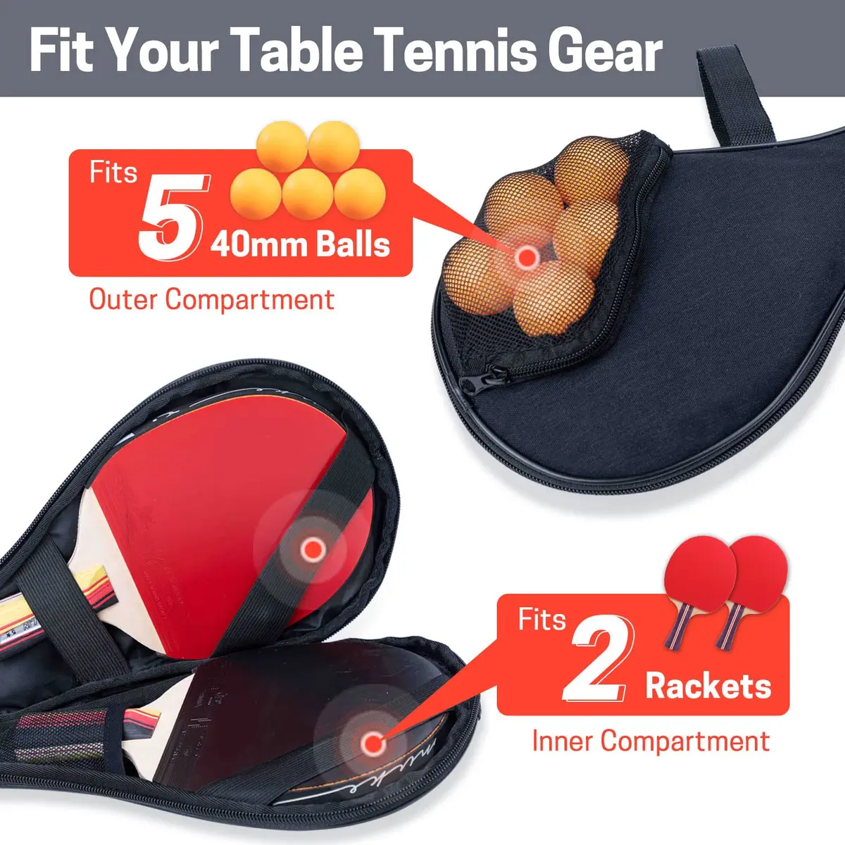 VISEMAN Waterproof Table Tennis Racket Cover, Impact Buffer, Holds 2 Paddles & 5 Balls - view 3