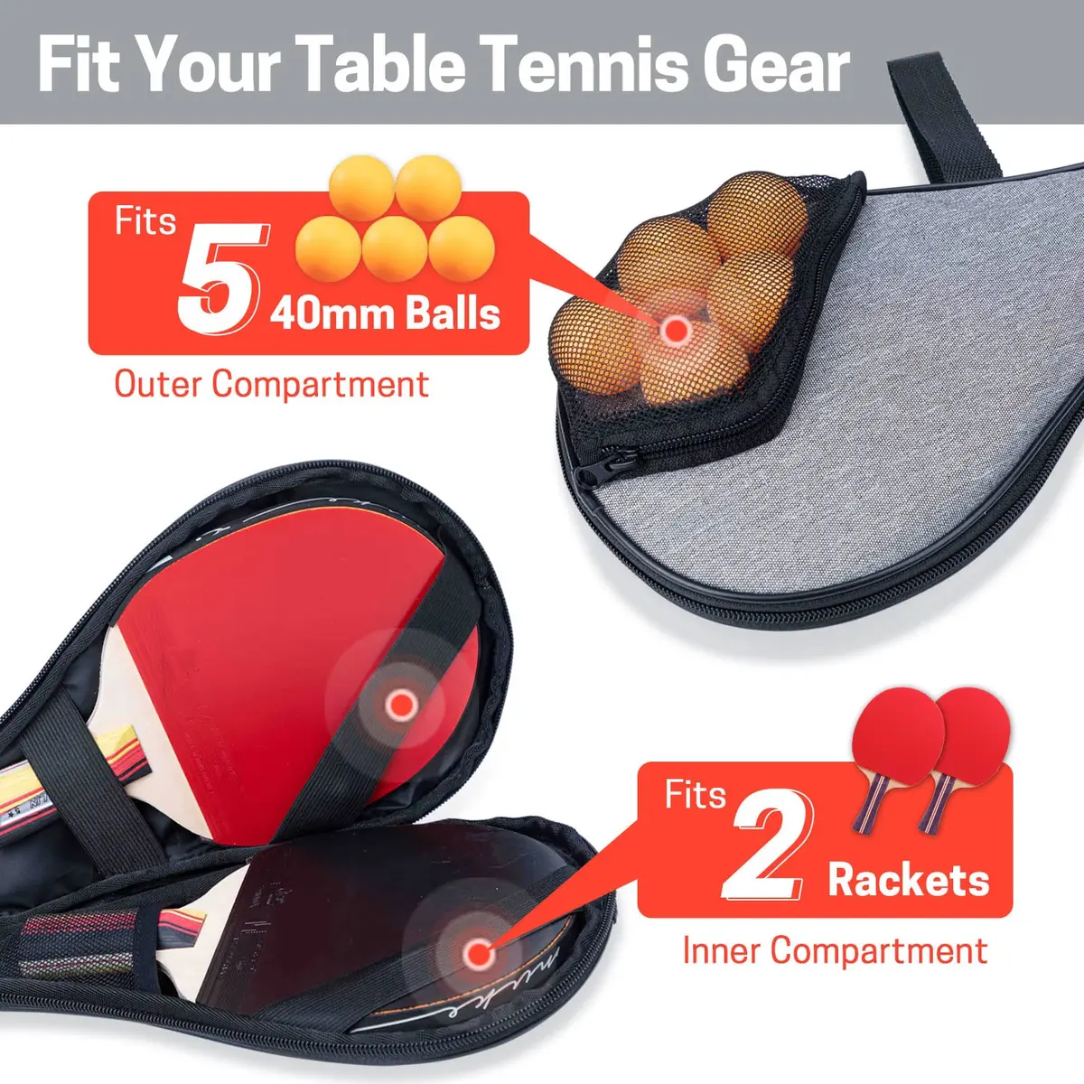 VISEMAN Waterproof Table Tennis Racket Cover, Impact Buffer, Holds 2 Paddles & 5 Balls - view 3