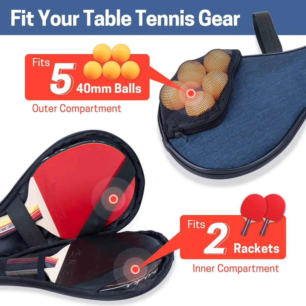 VISEMAN Waterproof Table Tennis Racket Cover, Holds 2 Paddles & 5 Balls, Impact Buffer - view 3