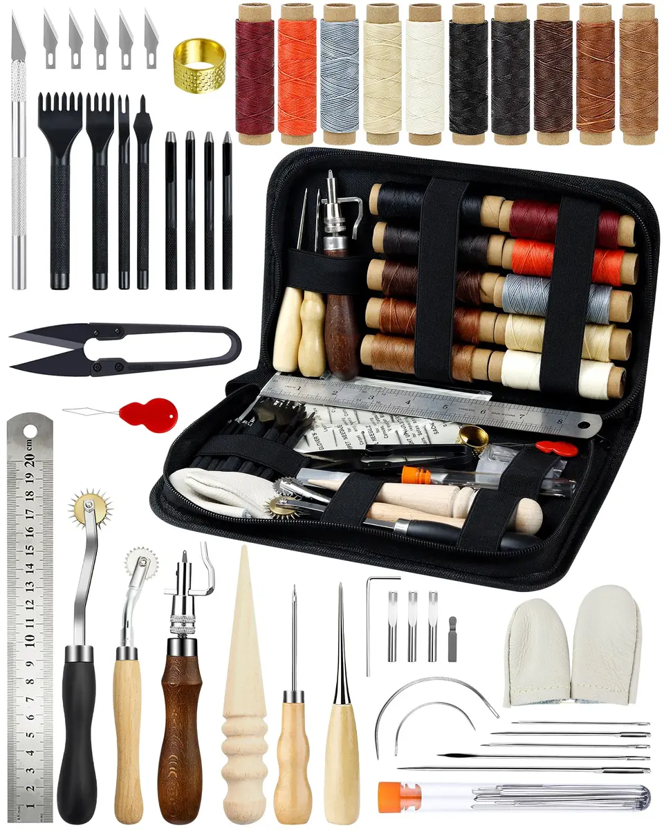PLANTIONAL Leather Working Tools for Beginners Kit | 10 Waxed Threads, 7-in-1 Stitching Groover, Awl, Punch, Steel & Wood - main product image