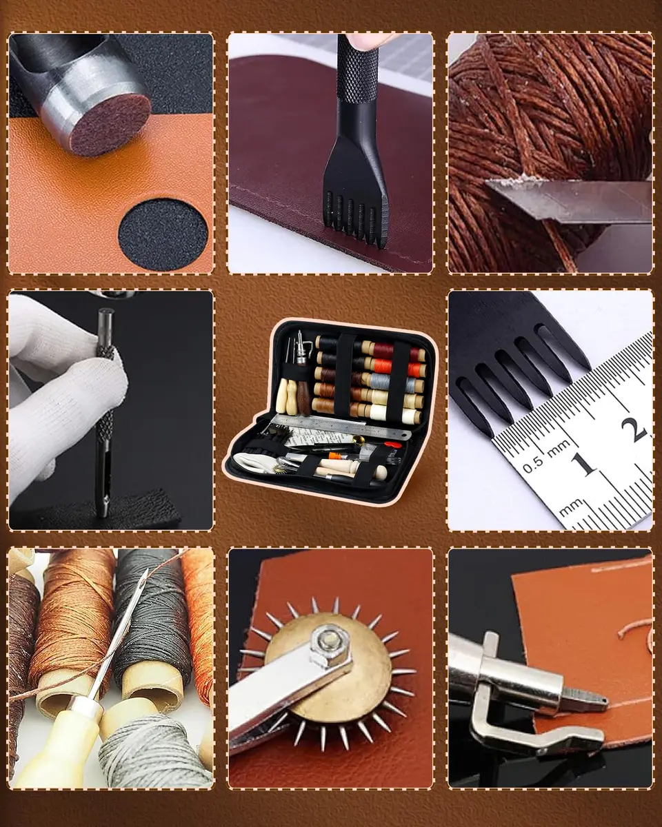 PLANTIONAL Leather Working Tools for Beginners Kit | 10 Waxed Threads, 7-in-1 Stitching Groover, Awl, Punch, Steel & Wood - view 6