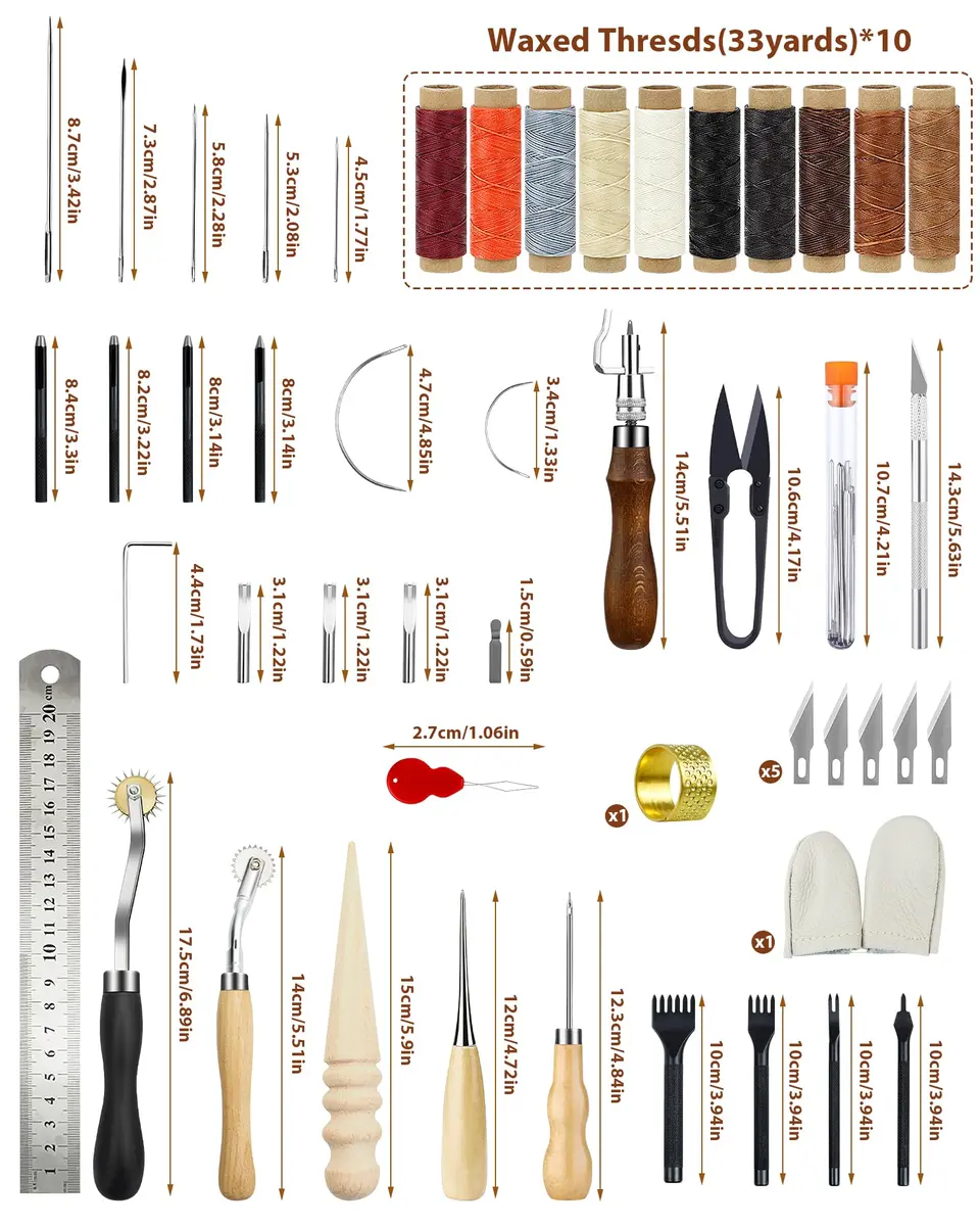 PLANTIONAL Leather Working Tools for Beginners Kit | 10 Waxed Threads, 7-in-1 Stitching Groover, Awl, Punch, Steel & Wood - view 2