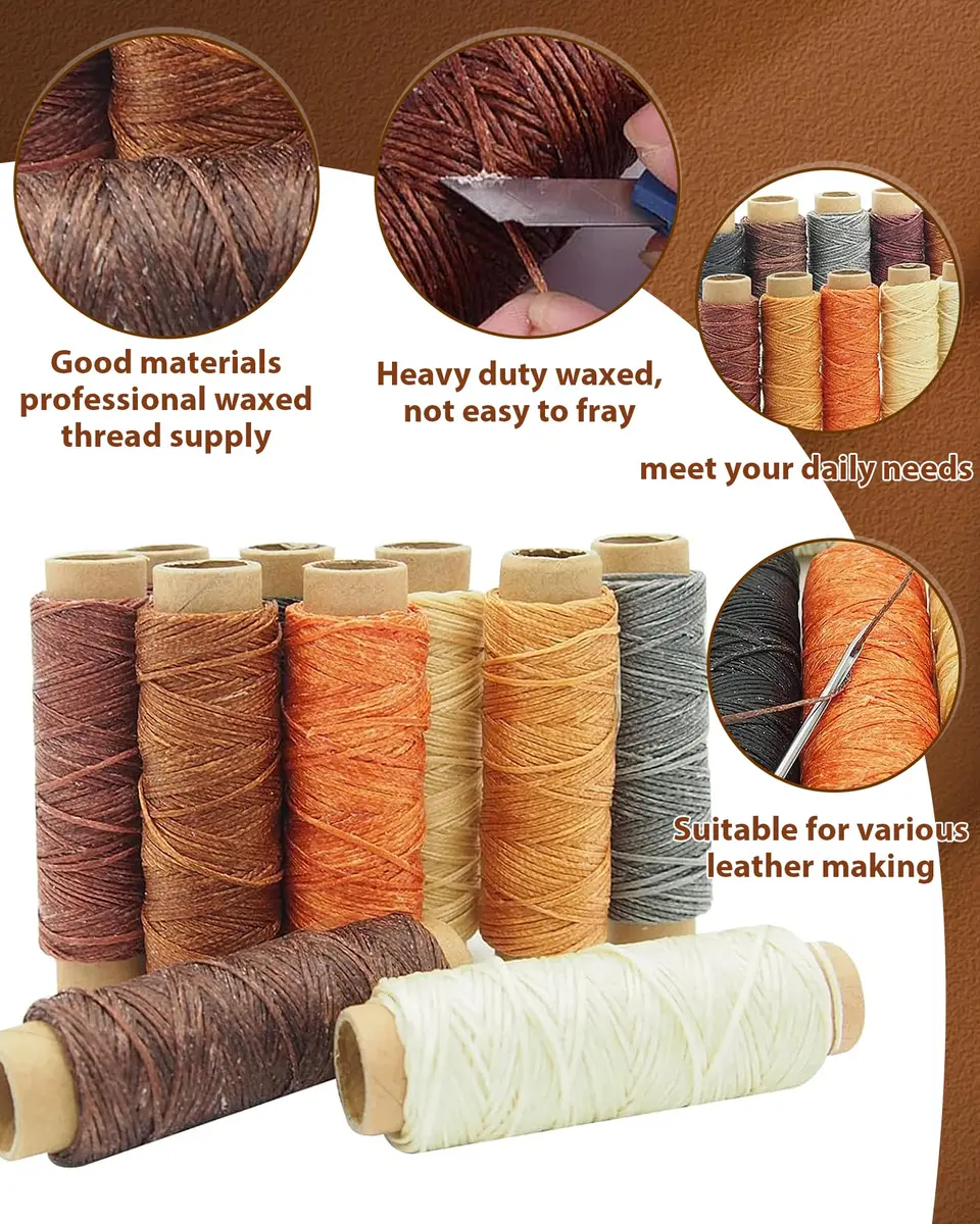 PLANTIONAL Leather Working Tools for Beginners Kit | 10 Waxed Threads, 7-in-1 Stitching Groover, Awl, Punch, Steel & Wood - view 3