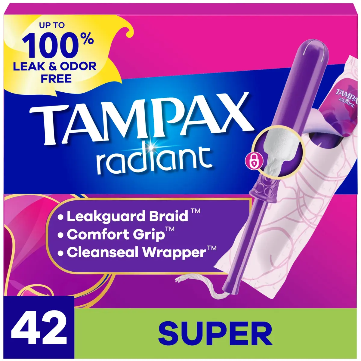 Tampax Radiant Tampons for Women, Super Absorbency, Unscented, 42 Count | #1 U.S. Gynecologist Recommended Tampon Brand - main product image