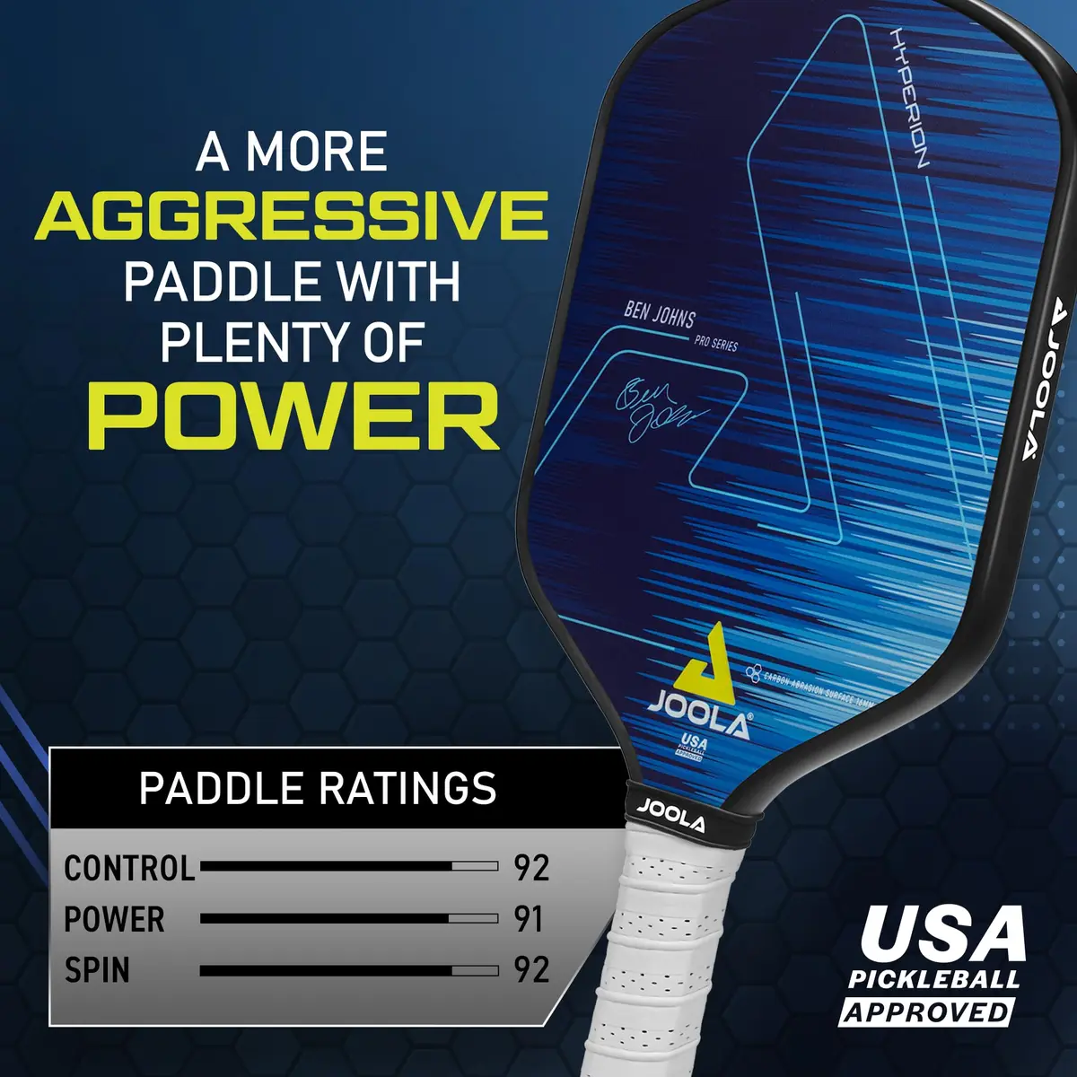JOOLA Ben Johns Hyperion CAS 16 Pickleball Paddle - Carbon Abrasion Surface with High Grit & Spin, Sure-Grip Elongated Handle, 16mm, with Polypropylene Honeycomb Core, USAPA Approved - view 2