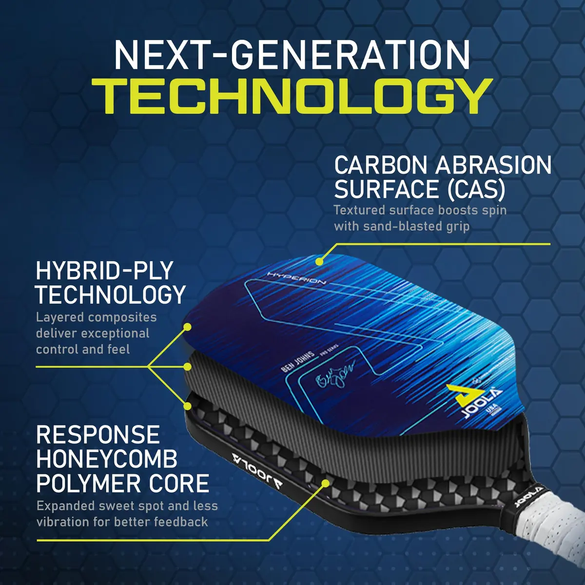 JOOLA Ben Johns Hyperion CAS 16 Pickleball Paddle - Carbon Abrasion Surface with High Grit & Spin, Sure-Grip Elongated Handle, 16mm, with Polypropylene Honeycomb Core, USAPA Approved - view 4