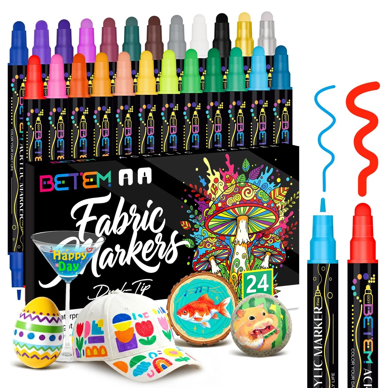 Betem 24 Colors Dual Tip Acrylic Paint Markers | Premium Water-Based Paint Pens for Fabric, Rock, Glass, Canvas - main product image