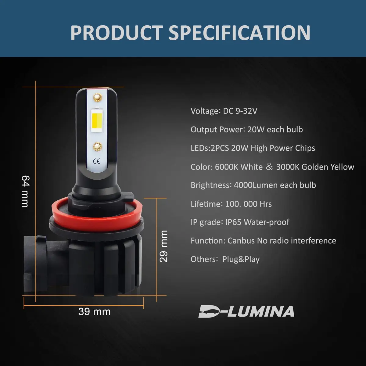 D-Lumina H11 H8 H16 Switchback LED Fog Light Bulbs 6000K White/3000K Yellow | 8000 Lumens, 40W, Dual Color - view 5