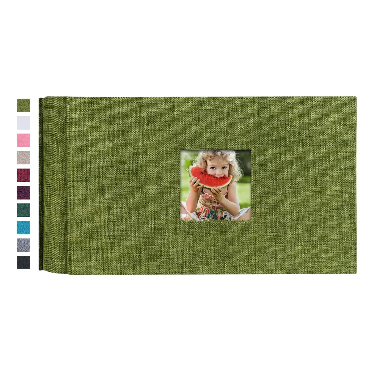 Mublalbum Green Linen Cover Photo Album with Window, 100 Pockets (50 Sheets) | Holds 1 Horizontal 4x6 Photo Per Page - main product image