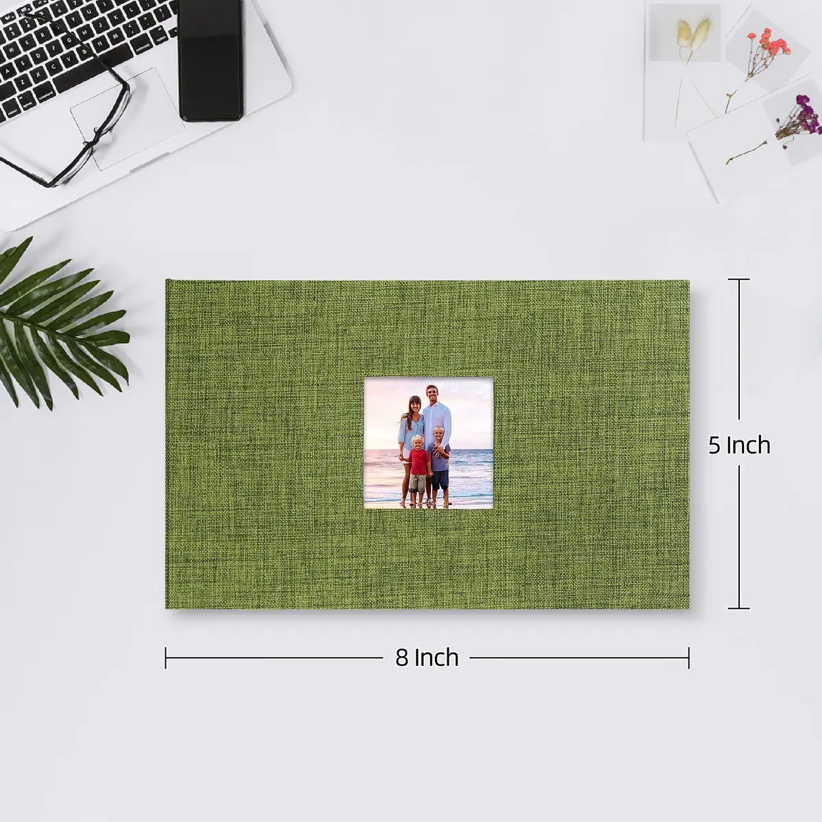 Mublalbum Green Linen Cover Photo Album with Window, 100 Pockets (50 Sheets) | Holds 1 Horizontal 4x6 Photo Per Page - view 2