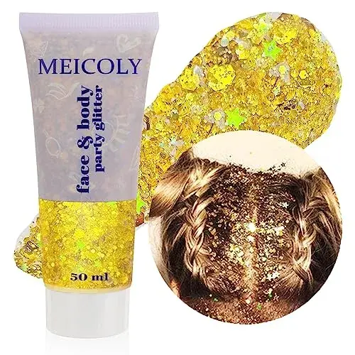 MEICOLY Gold Chunky Glitter Gel 50ml | Self-Adhesive Face Body Hair Glitter for Festivals - main product image