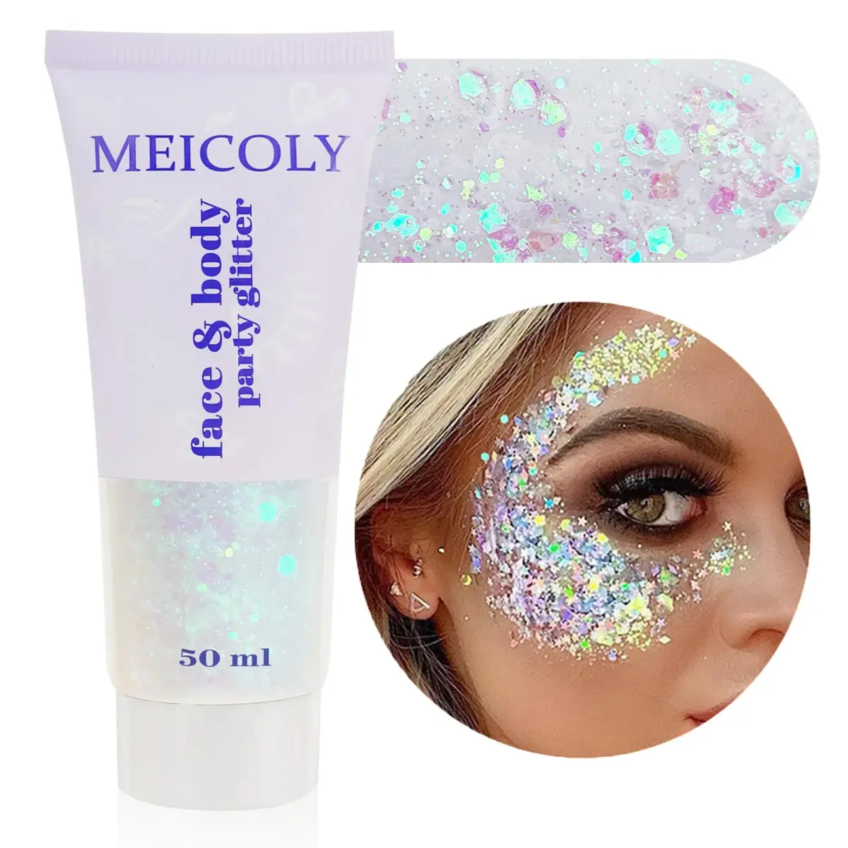 MEICOLY White Chunky Glitter Gel 50ml | Self-Adhesive Face Body Hair Glitter for Festivals - main product image