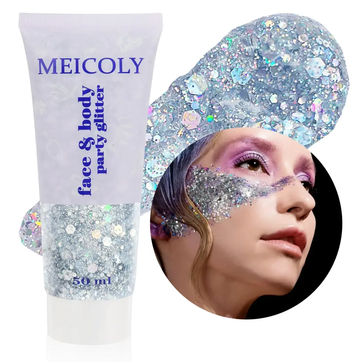 MEICOLY Silver Chunky Body Glitter Gel 50ml (1.69 Fl Oz) | Holographic Face & Body Sparkle for Festivals - main product image