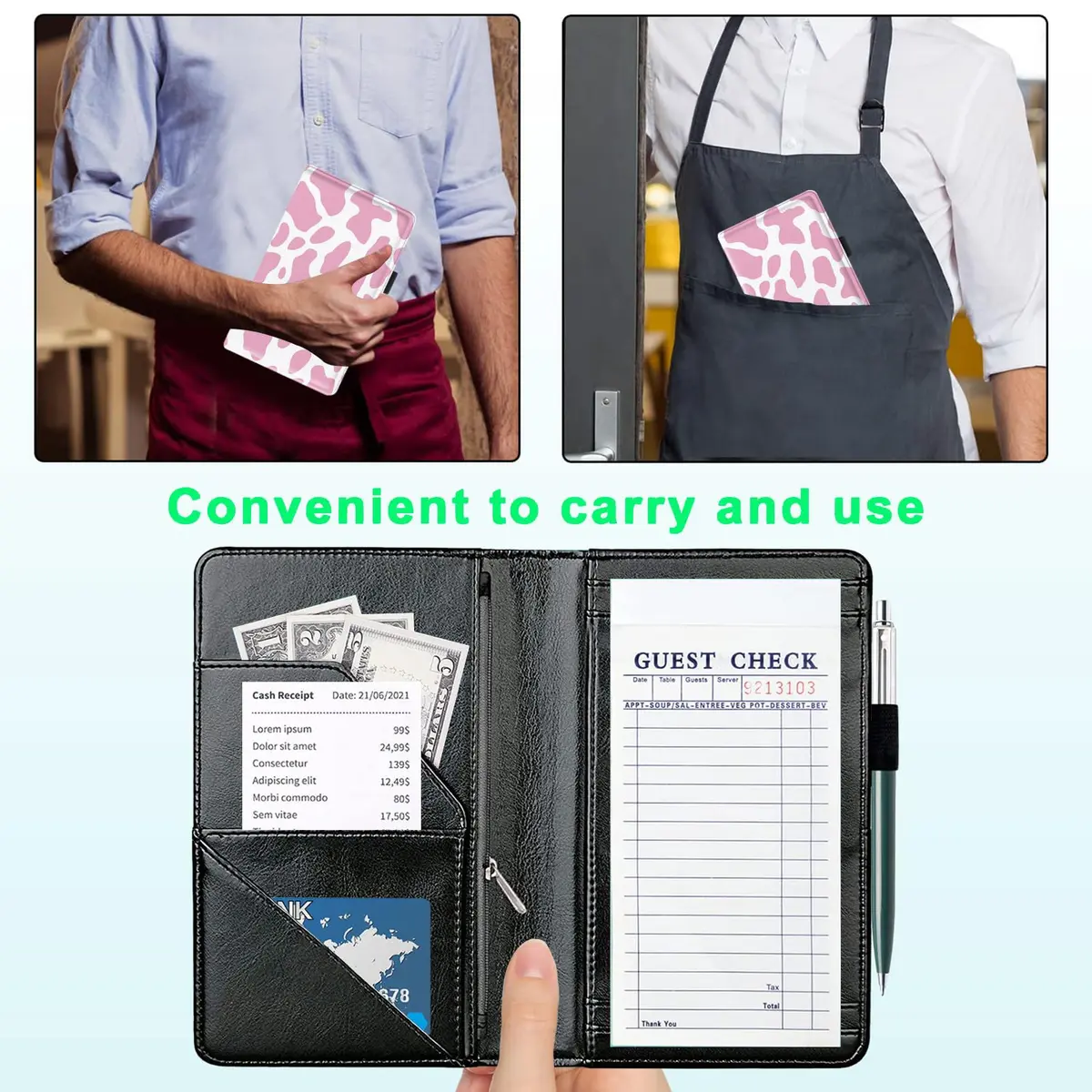 JANENFNA Server Books for Waitress with 7 Large Pockets | Pink Cow Prints, PU Leather, 7.5x5 inch - view 4