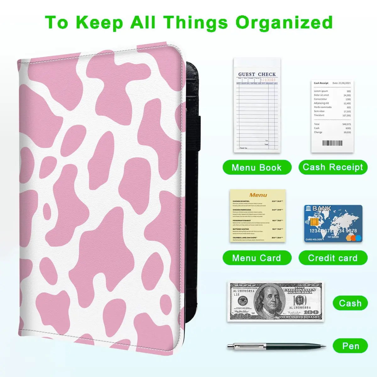 JANENFNA Server Books for Waitress with 7 Large Pockets | Pink Cow Prints, PU Leather, 7.5x5 inch - view 5