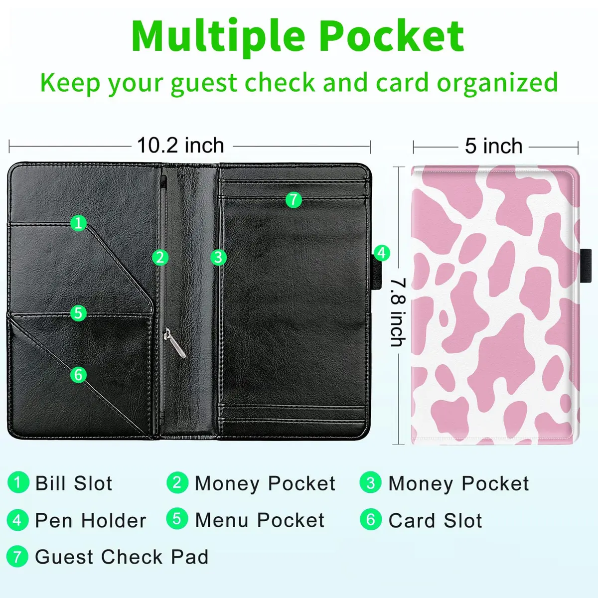 JANENFNA Server Books for Waitress with 7 Large Pockets | Pink Cow Prints, PU Leather, 7.5x5 inch - view 3