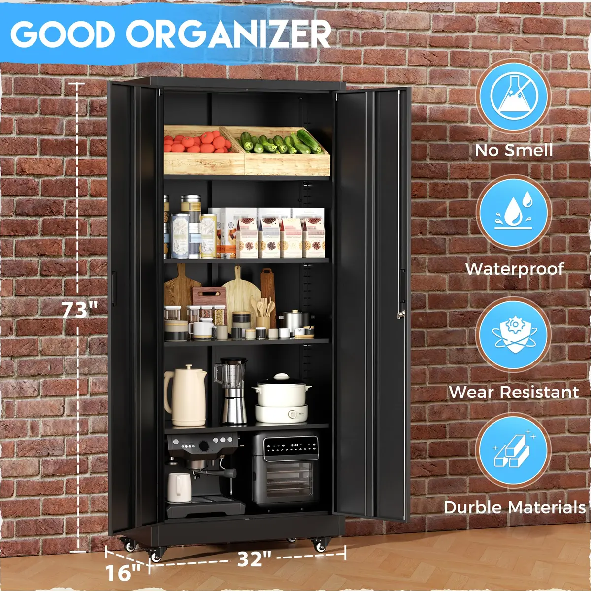 Greenvelly Metal Garage Storage Cabinet with 4 Swivel Wheels, 73" Black | Heavy-Duty Steel, Locking Doors & Shelves - view 5