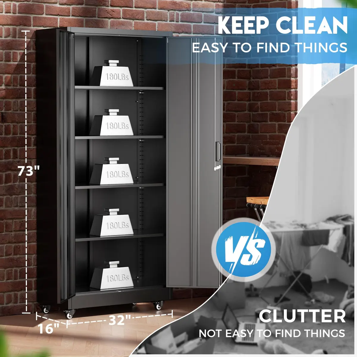 Greenvelly Metal Garage Storage Cabinet with 4 Swivel Wheels, 73" Black | Heavy-Duty Steel, Locking Doors & Shelves - view 6