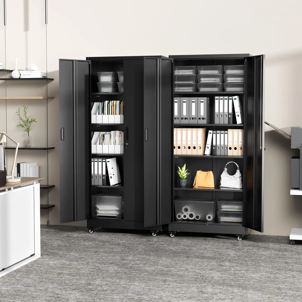 Greenvelly Metal Garage Storage Cabinet with 4 Swivel Wheels, 73" Black | Heavy-Duty Steel, Locking Doors & Shelves - view 8
