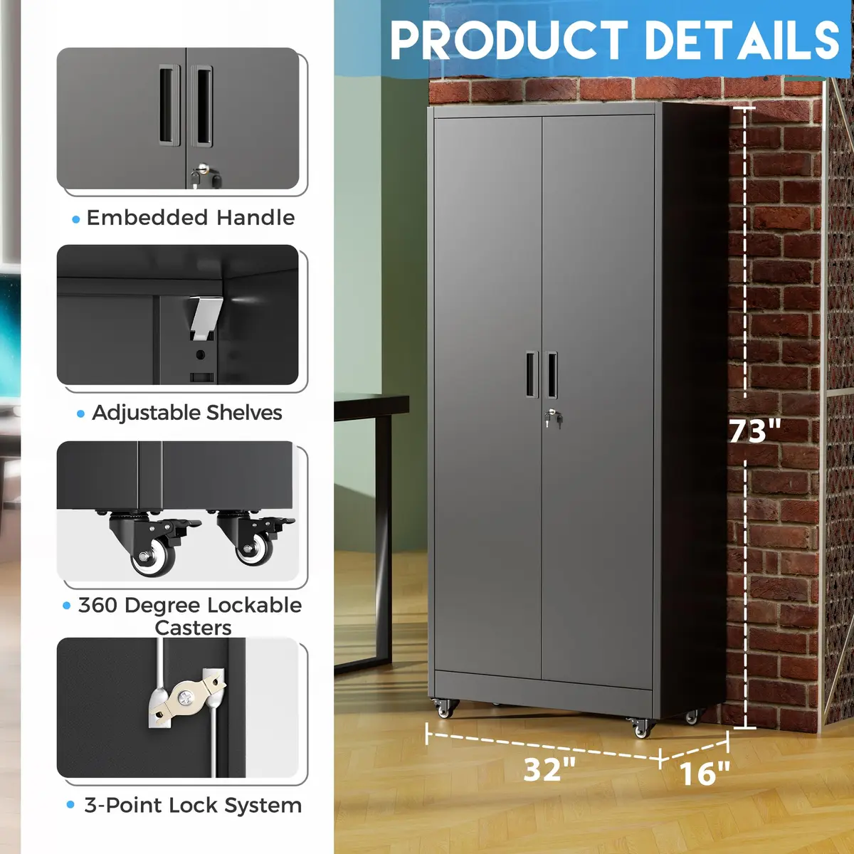 Greenvelly Metal Garage Storage Cabinet with 4 Swivel Wheels, 73" Black | Heavy-Duty Steel, Locking Doors & Shelves - view 3
