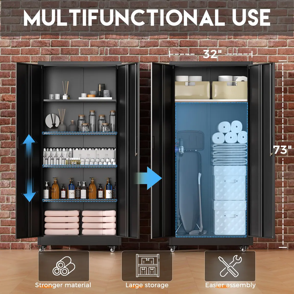 Greenvelly Metal Garage Storage Cabinet with 4 Swivel Wheels, 73" Black | Heavy-Duty Steel, Locking Doors & Shelves - view 4