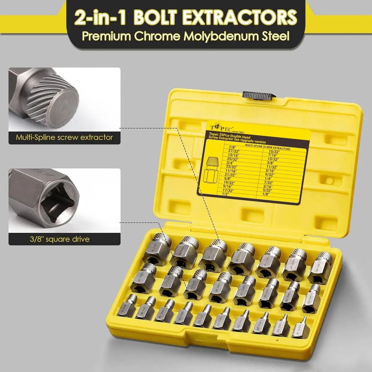 Topec Screw Extractor Set 25Pcs, 3/8” Drive | High Carbon Steel, Multi-Size, Easy Out for Broken Bolts & Studs - view 4