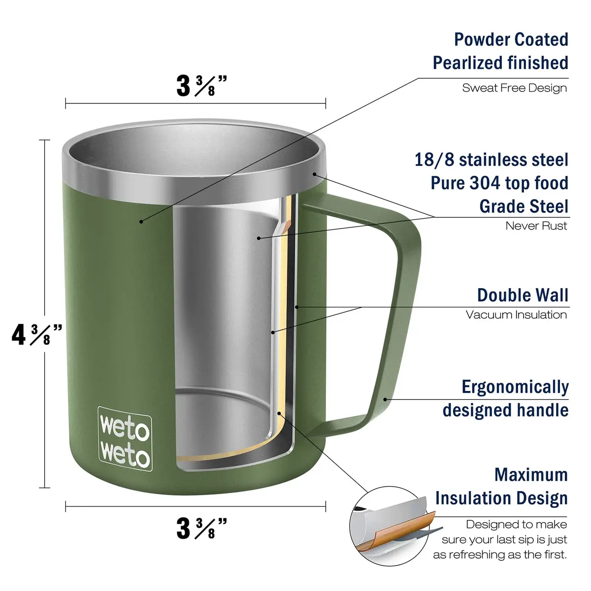WETOWETO 14 oz (397 ml) Insulated Coffee Mug with Handle & 2 Lids | Vacuum Insulated Stainless Steel Travel Tumbler - view 3