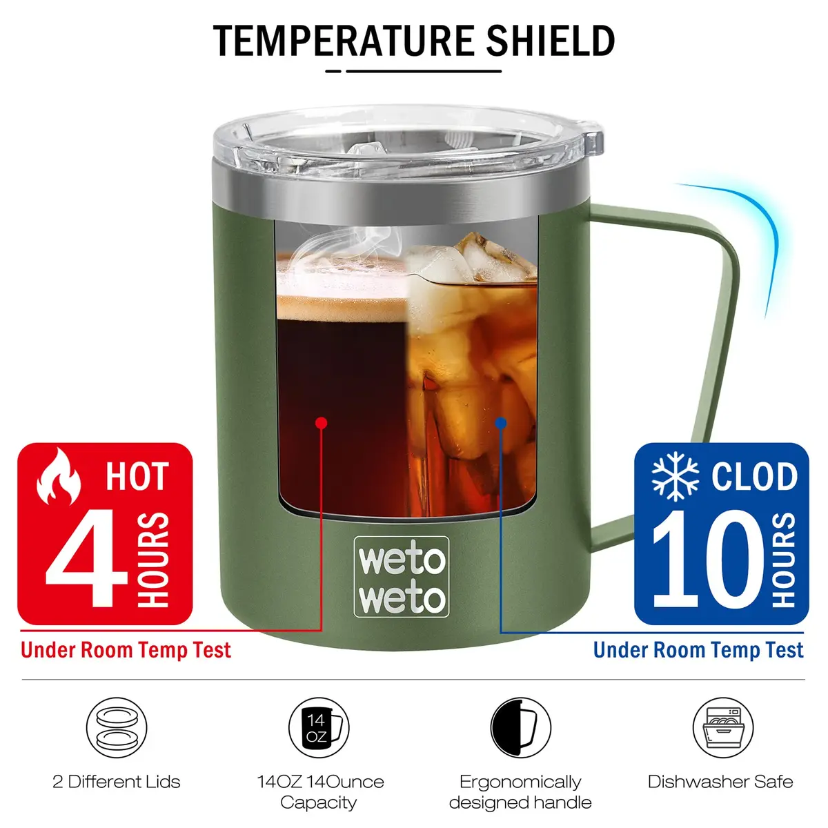 WETOWETO 14 oz (397 ml) Insulated Coffee Mug with Handle & 2 Lids | Vacuum Insulated Stainless Steel Travel Tumbler - view 4