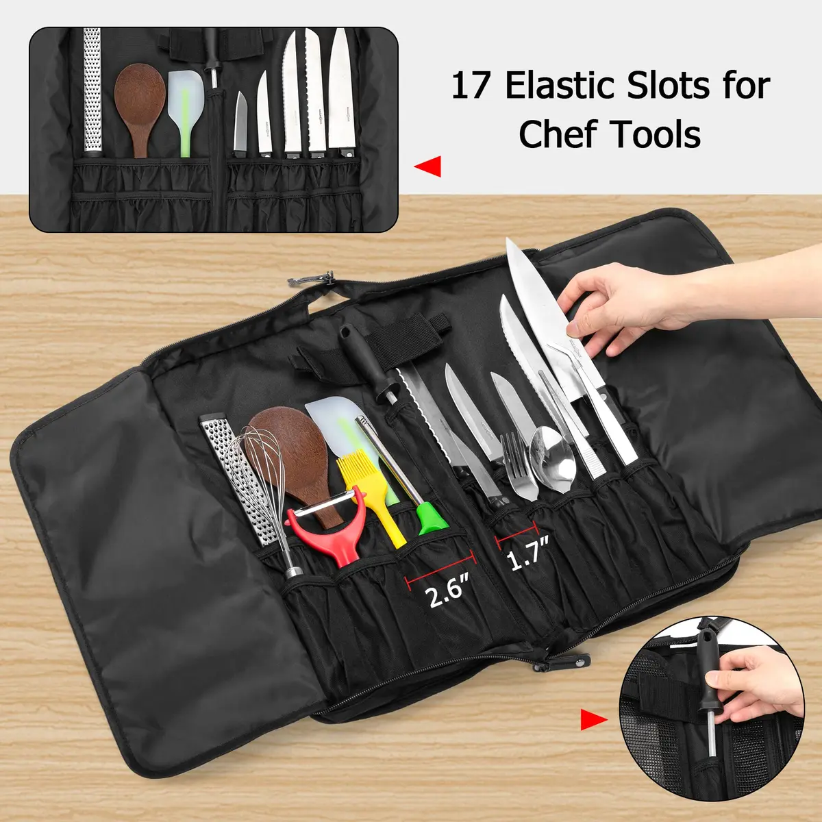 samdew Chef Knife Bag with Lockhole & 17 + 6 Slots | Durable Nylon, 17.5 In, Unisex - view 4