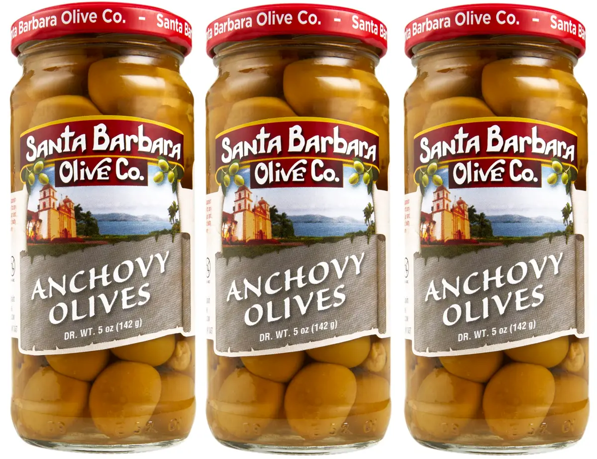Santa Barbara Olive Co Green Olives Pitted Anchovy Stuffed 3 Pack | Perfect for Charcuterie & Salads - main product image
