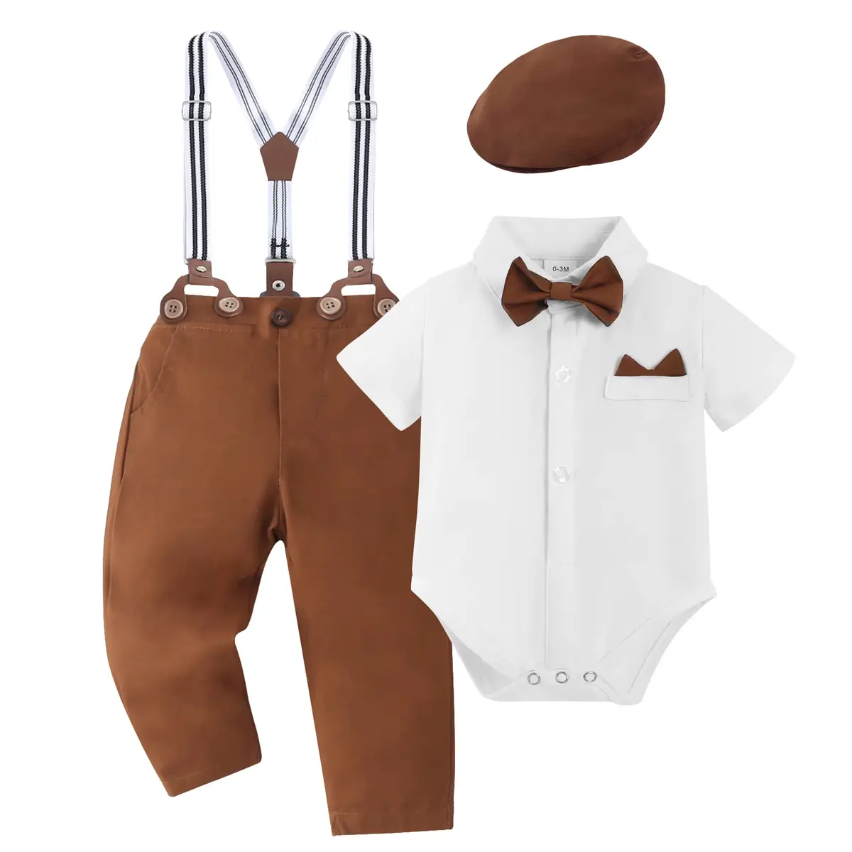 YALLET Baby Boy Clothes Set Infant Tuxedo 0-3 Months | Formal Dress Shirt + Beret + Suspender Pants + Bowtie - main product image