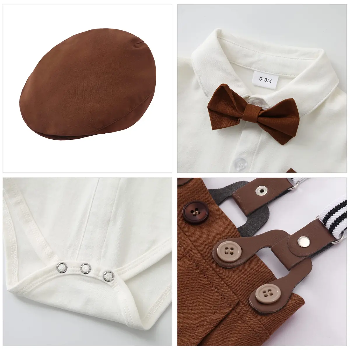 YALLET Baby Boy Clothes Set Infant Tuxedo 0-3 Months | Formal Dress Shirt + Beret + Suspender Pants + Bowtie - view 5