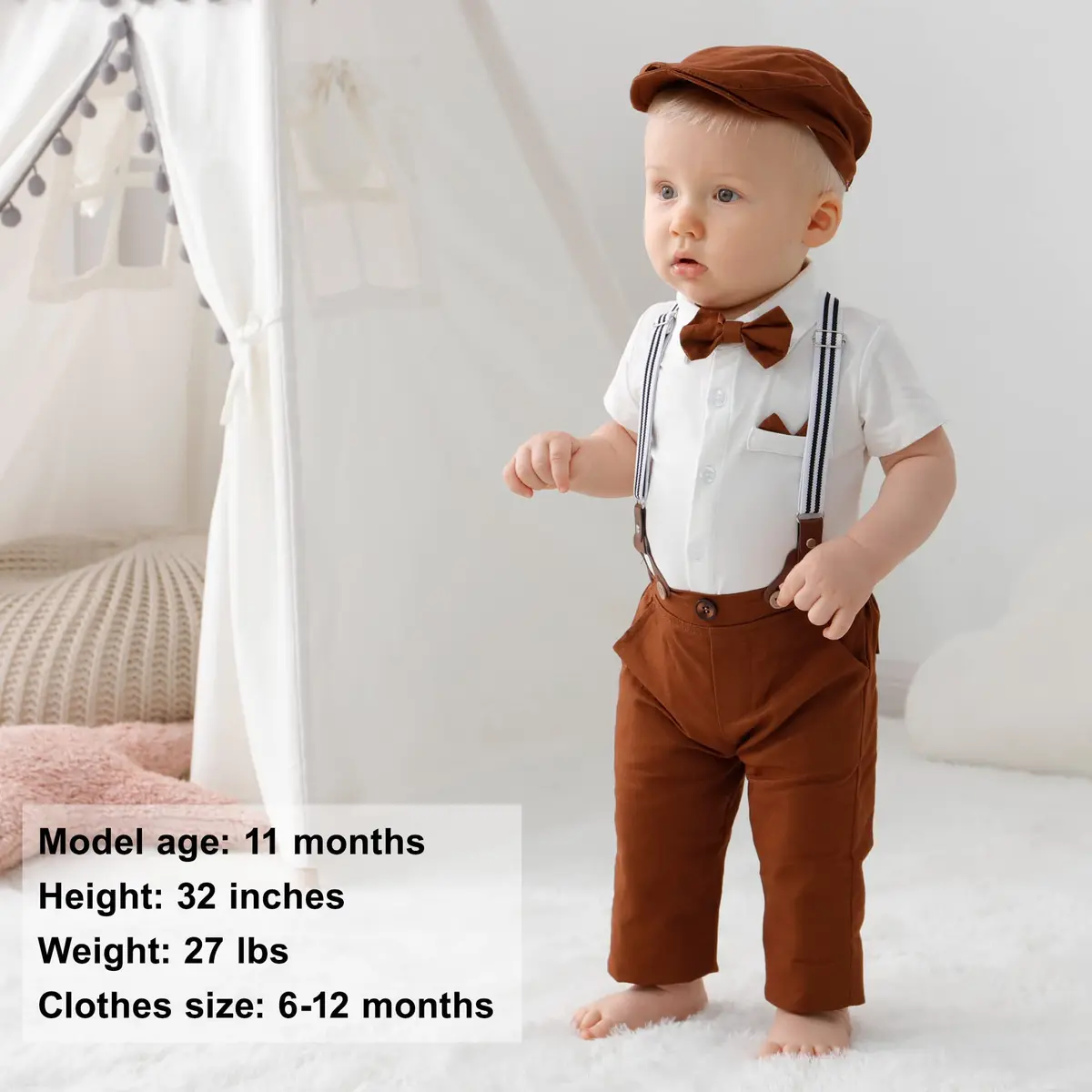 YALLET Baby Boy Clothes Set Infant Tuxedo 0-3 Months | Formal Dress Shirt + Beret + Suspender Pants + Bowtie - view 3