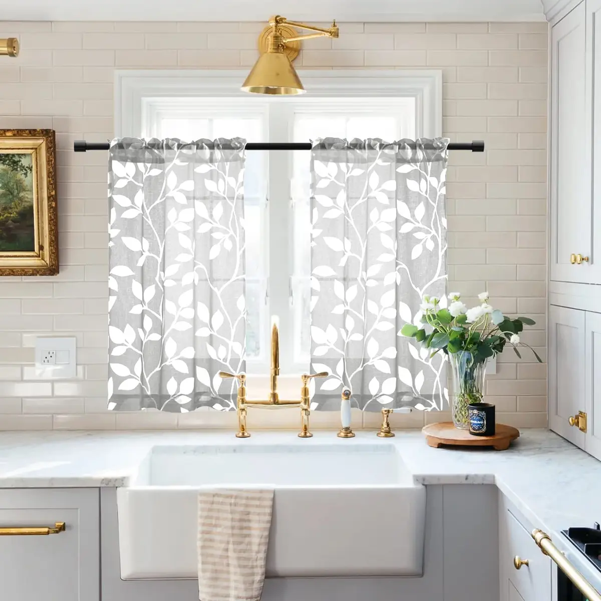 XTMYI Small Basement Window Curtains 24 Inch Light Grey | Modern Sheer Floral Design - main product image