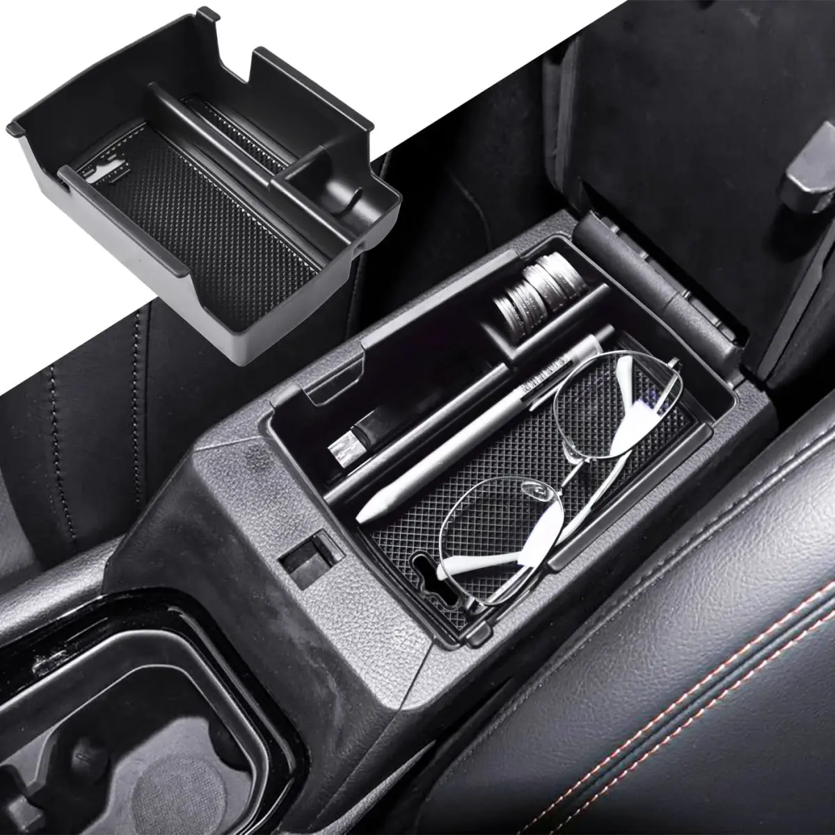 TACOBRO Black Center Console Organizer Tray for Jeep Compass 2022-2025 | Secondary Storage Divider with USB Hole - main product image