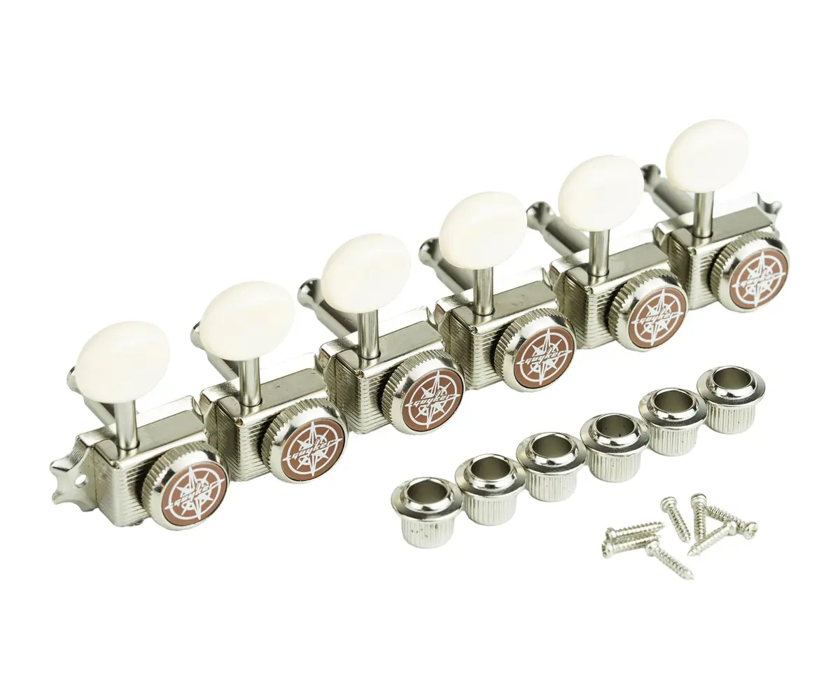Guyker 6 Inline Vintage Guitar Locking Tuners 15:1 Gear Ratio, Nickel with Cream Handle | Nickel Plated Metal Tuning Pegs for Electric, Acoustic Guitars - view 2
