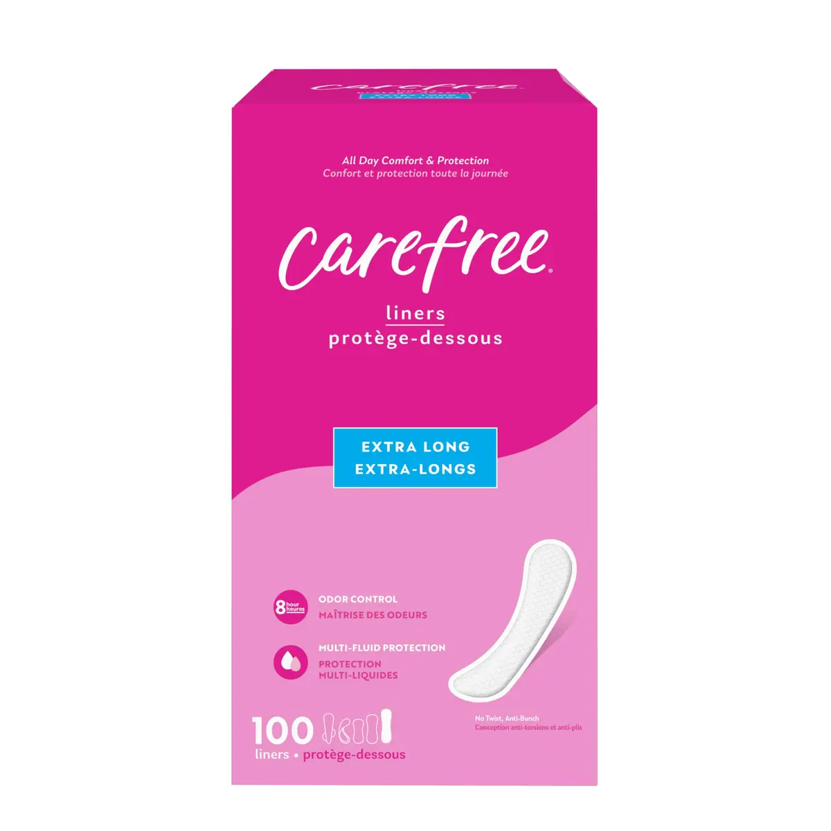 Carefree Extra Long Unscented Panty Liners, 100 Count | 20.3 cm (8 inch) Daily Protection - main product image