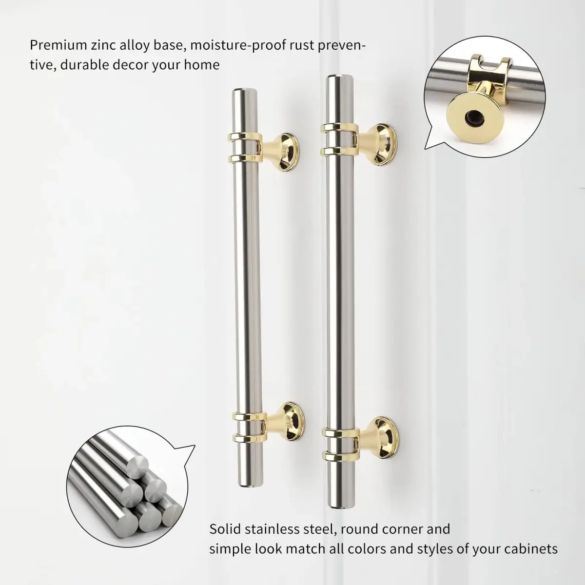 Leulan Brushed Nickel and Gold Cabinet Handles 5 Inch (128mm) | 10 Pack Two-Tone Kitchen Hardware - view 2