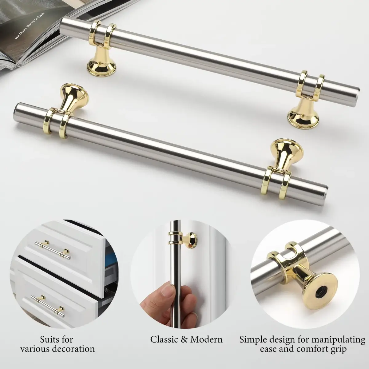 Leulan Brushed Nickel and Gold Cabinet Handles 5 Inch (128mm) | 10 Pack Two-Tone Kitchen Hardware - view 3