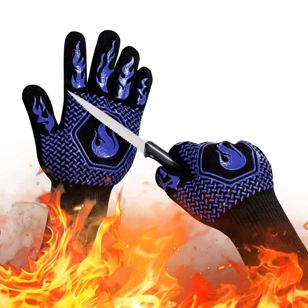 DKHDBD Heat Resistant BBQ Gloves 1472°F/800°C, 35.5cm (14in) Blue, 2-Pack | Ultra-High Strength Aramid Fiber & Silicone Grip - main product image