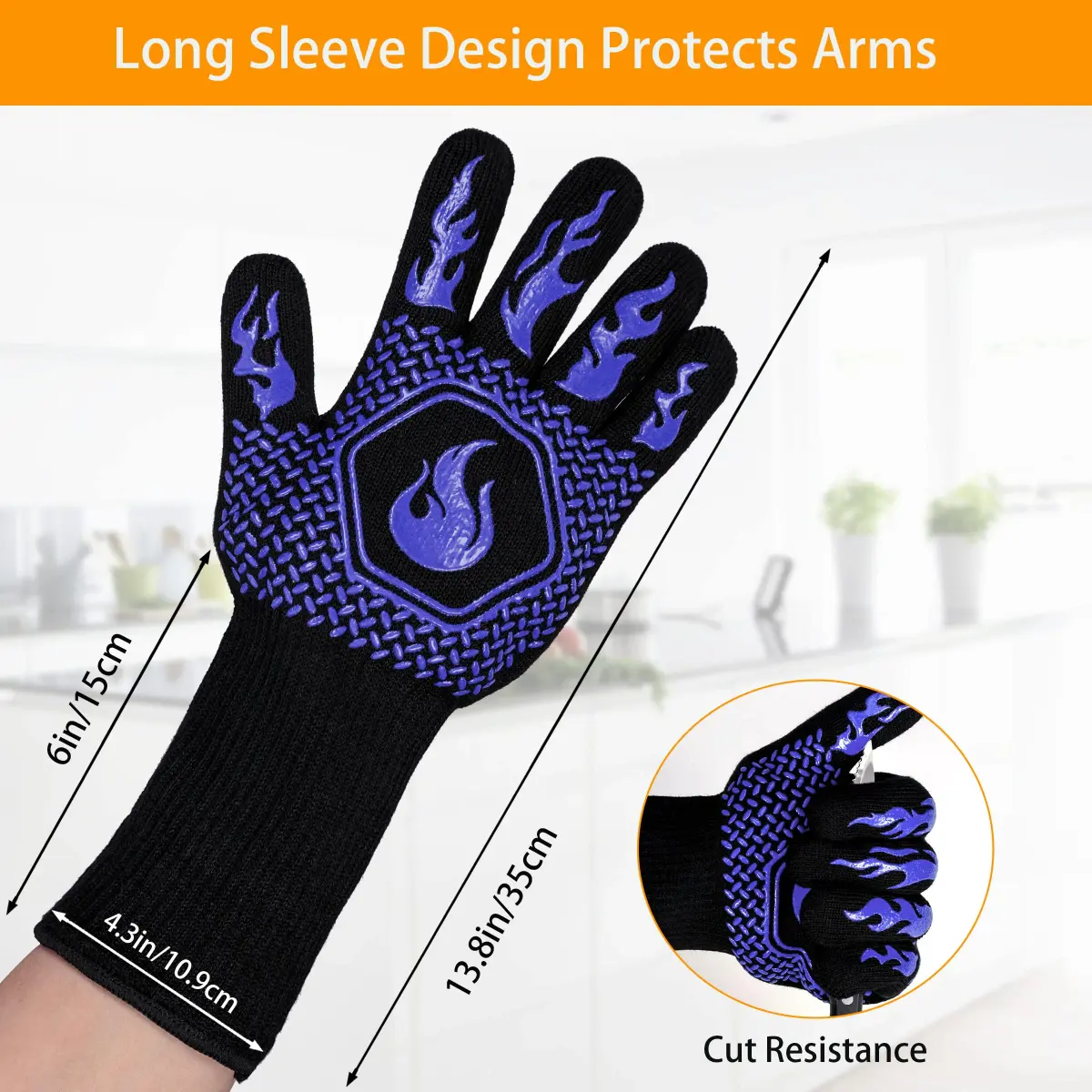 DKHDBD Heat Resistant BBQ Gloves 1472°F/800°C, 35.5cm (14in) Blue, 2-Pack | Ultra-High Strength Aramid Fiber & Silicone Grip - view 2