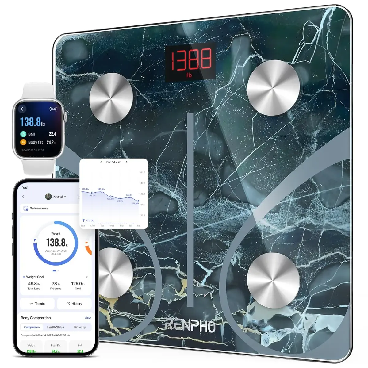 RENPHO Smart Scale for Body Weight, BMI & Body Fat, 13 Metrics, Marble | FDA Approved, 400 lbs Capacity - main product image