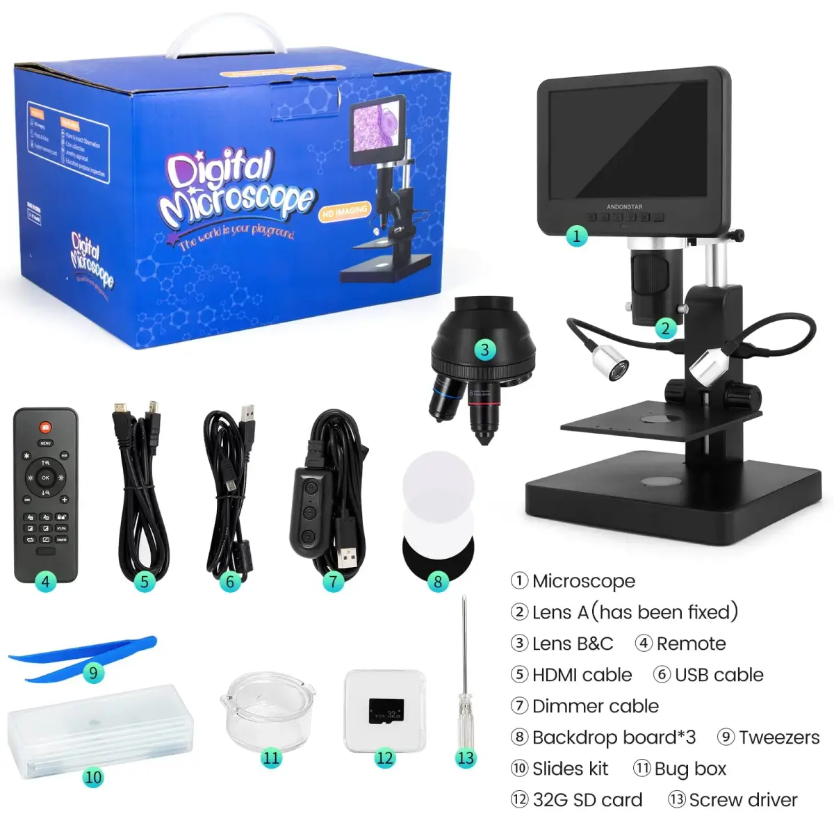 Andonstar AD246S-P HDMI Digital Microscope with 7'' Screen, 4000x 3 Lens | UHD 2160P Video Record, Coin & Biological Use - view 8