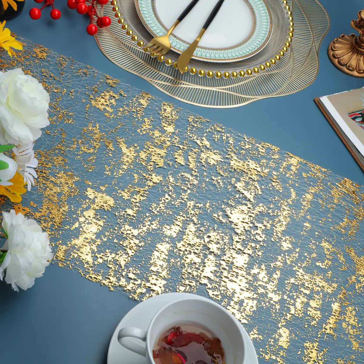 Snowkingdom Gold Sequin Glitter Table Runner 274 cm (900 inches) | Sparkly Metallic Foil Mesh Roll for Parties & Events - view 3